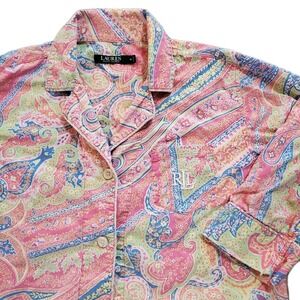 LAUREN Ralph Lauren Women's Medium Pink Paisley Shirt Monogram Logo Pajama Top